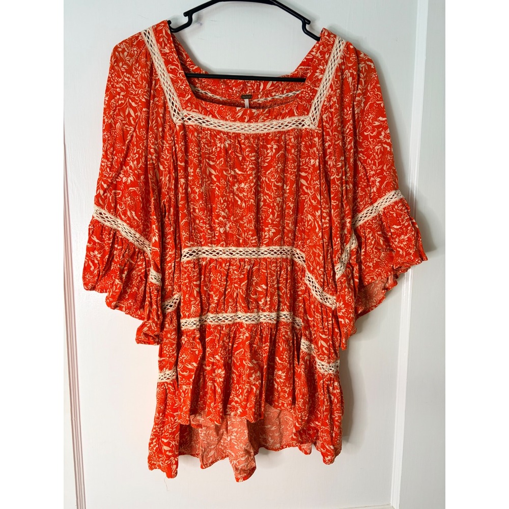 Free People Orange Floral Crochet Lace Trim Tiered Babydoll Tunic Top Womens XS‎